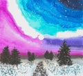 Amateur watercolor drawing of a forest, snowfall, and evening sun setting over the horizon against a purple sky Royalty Free Stock Photo