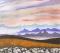 Amateur watercolor drawing of mountains in fog and fields against an evening sky