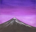 Amateur watercolor drawing of a snow-capped mountain against a lilac night sky