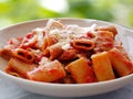 Amatriciana Maccheroni Pasta closeup Royalty Free Stock Photo