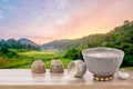 Amazake , sake or rice wine isolated on nature background with lipping path