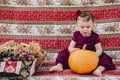 Amazed baby girl sitting and touching big pumpkin Royalty Free Stock Photo