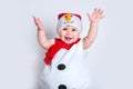 Amazed attractive baby girl in Christmas costume having fun . Close-up portrait little girl in snowman costume Royalty Free Stock Photo