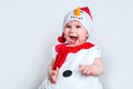 Amazed attractive baby girl in Christmas costume having fun . Close-up portrait little girl in snowman costume Royalty Free Stock Photo