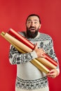 amazed bearded man in Christmas sweater