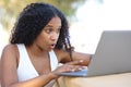 Amazed black woman checking laptop Royalty Free Stock Photo