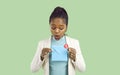 Amazed black woman show unread notification on paper envelope