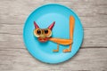 Amazed cat made of carrot and cucumber on plate and table Royalty Free Stock Photo