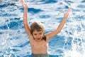 Amazed child playing and splashing in the sea. Kid having fun outdoors. Summer vacation and healthy family lifestyle Royalty Free Stock Photo