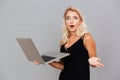 Amazed frustrated woman in black dress holding laptop Royalty Free Stock Photo