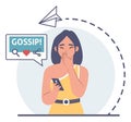 Amazed girl looking at smartphone closing mouth with hand, gossip chat bubble, vector illustration. Online communication