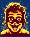 Amazed kid surprised face, magic vintage vector illustration