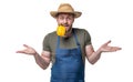 amazed man in apron and hat bite sweet pepper vegetable isolated on white Royalty Free Stock Photo