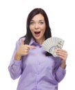 Amazed Mixed Race Woman Holding the New One Hundred Dollar Bills Royalty Free Stock Photo