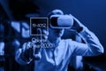 amazed office worker use electronic vr glasses, color of the 2020 year trend, classic blue tone