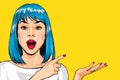 Amazed Pop Art Woman  showing product .Advertising design of beautiful   girl presenting something Royalty Free Stock Photo