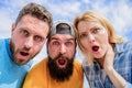Amazed surprised face expression. How to impress people. Shocking impression. Men with beard and woman looking shocked