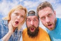 Amazed surprised face expression. How to impress people. Shocking impression. Men with beard and woman looking shocked Royalty Free Stock Photo