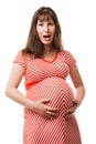 Amazed or surprised pregnant woman touching or bonding her abdomen