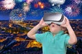 Amazed teen boy wearing virtual reality goggles watching movies or playing video games, on white. Surprised teenager