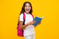 Amazed teen girl. School teenager child girl 12, 13, 14 years old with school bag book and copybook. Teenager schoolgirl Royalty Free Stock Photo