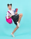 Amazed teenager. School teenage girl with book and copybook. Teenager schoolgirl student, isolated background. Learning Royalty Free Stock Photo