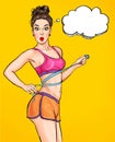 Amazed  woman with beautiful body after diet measuring her waistline in Pop art style.Healthy nutrition and weight losing concept. Royalty Free Stock Photo