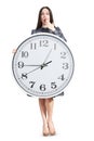 Amazed woman holding big clock Royalty Free Stock Photo