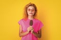 amazed woman with icelolly ice cream isolated on yellow. woman with icelolly ice cream in studio. woman with icelolly