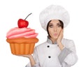 Amazed Woman Pastry Chef Holding Huge Cupcake Royalty Free Stock Photo