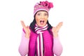 Amazed woman in pink winter clothes