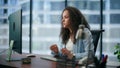 Amazed woman satisfied work results at desk closeup. Employee rejoicing success