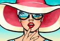 Amazed young woman in glasses .  Vintage advertising poster of vacations or tourism with lady with  open mouth in comic style. Royalty Free Stock Photo