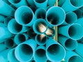 Abstract closeup detailed view of blue industrial plastic communication pipes, tubes