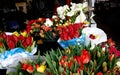 Red tulips and white callas on Bayloni market in Belgrade