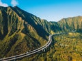 Amazing aerial footage view of the mountains by the famous Haiku stairs