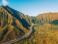 Amazing aerial footage view of the mountains by the famous Haiku stairs Royalty Free Stock Photo