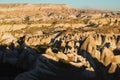 Amazing aerial landscape view of typical geologic formations of Cappadocia. Amazing shaped sandstone rocks. Famous touristic place Royalty Free Stock Photo