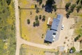 Amazing aerial overhead view of the Chilean countryside. A rural house with its farmland and the forest trees. Idyllic scenery