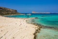 Amazing aerial panoramic view on the famous Balos beach in Balos lagoon and pirate island Gramvousa. Place of the confluence of