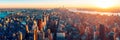 Amazing aerial panoramic view of Manhattan wit sunset, New York City