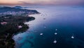 Amazing aerial shot of sunset coastline at South Corfu Greece.