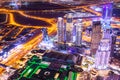 Amazing aerial skyline cityscape with illuminated skyscrapers. Downtown of Dubai at night, United Arab Emirates Royalty Free Stock Photo