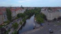 Amazing aerial top view flight drone. City Berlin Neukoeln canal bridge river