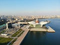 Amazing aerial view from above by drone on capital of Azerbaijan - Baku. Caspian Sea