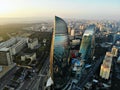 Amazing aerial view from above by drone on capital of Azerbaijan - Baku. The Flame Towers