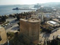 Amazing aerial view from above by drone on capital of Azerbaijan - Baku.  Old town center. Maiden Tower Royalty Free Stock Photo