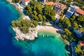 Amazing aerial view of the beautiful Podrace beach in Brela, Makarska Riviera, Croatia. Aerial view of Podrace beach and Royalty Free Stock Photo