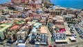 Amazing aerial view of beautiful port of Pozzuoli in summer season, Italy. Drone viewpoint Royalty Free Stock Photo