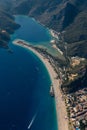 Amazing aerial view of Blue Lagoon in beach resort in the Fethiye district - Oludeniz.  Turkey. Summer landscape with mountains, g Royalty Free Stock Photo